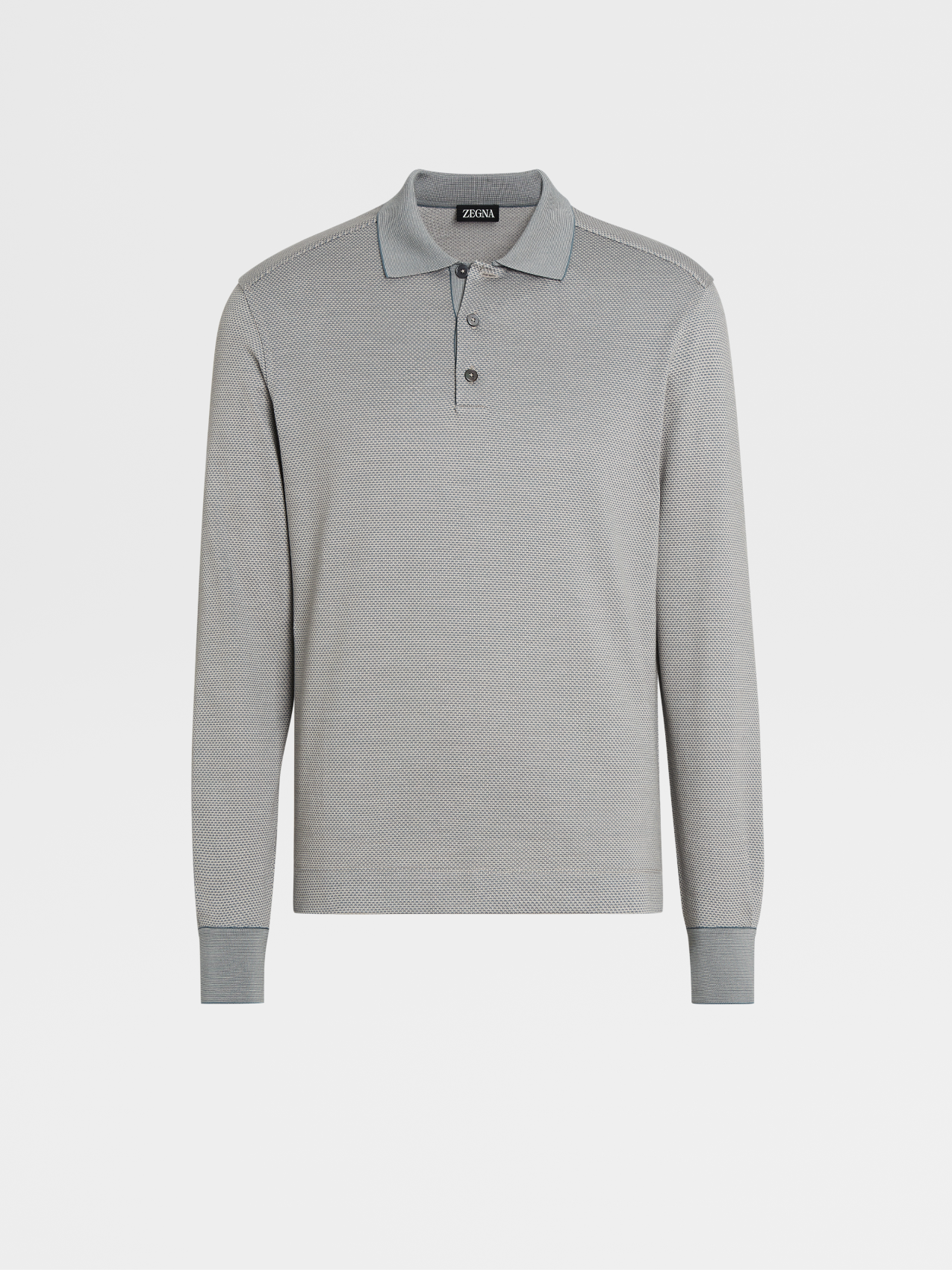 Light Avio Blue Cotton and Silk Jacquard Long-sleeve Polo